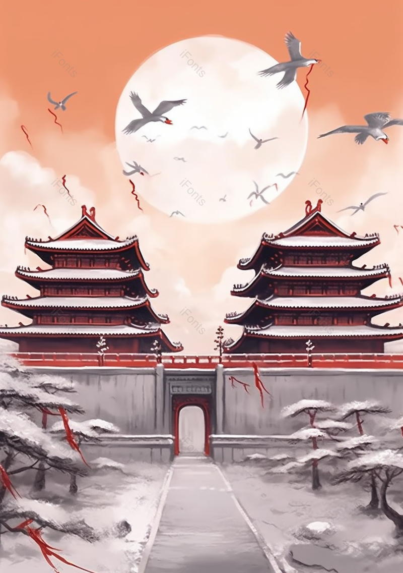 大寒寒冷下雪天日落夕阳城楼古代建筑飞鸟红色古典传统风景水墨插画,插画/手绘图,插画/手绘图库,插画/手绘图下载,插画/手绘